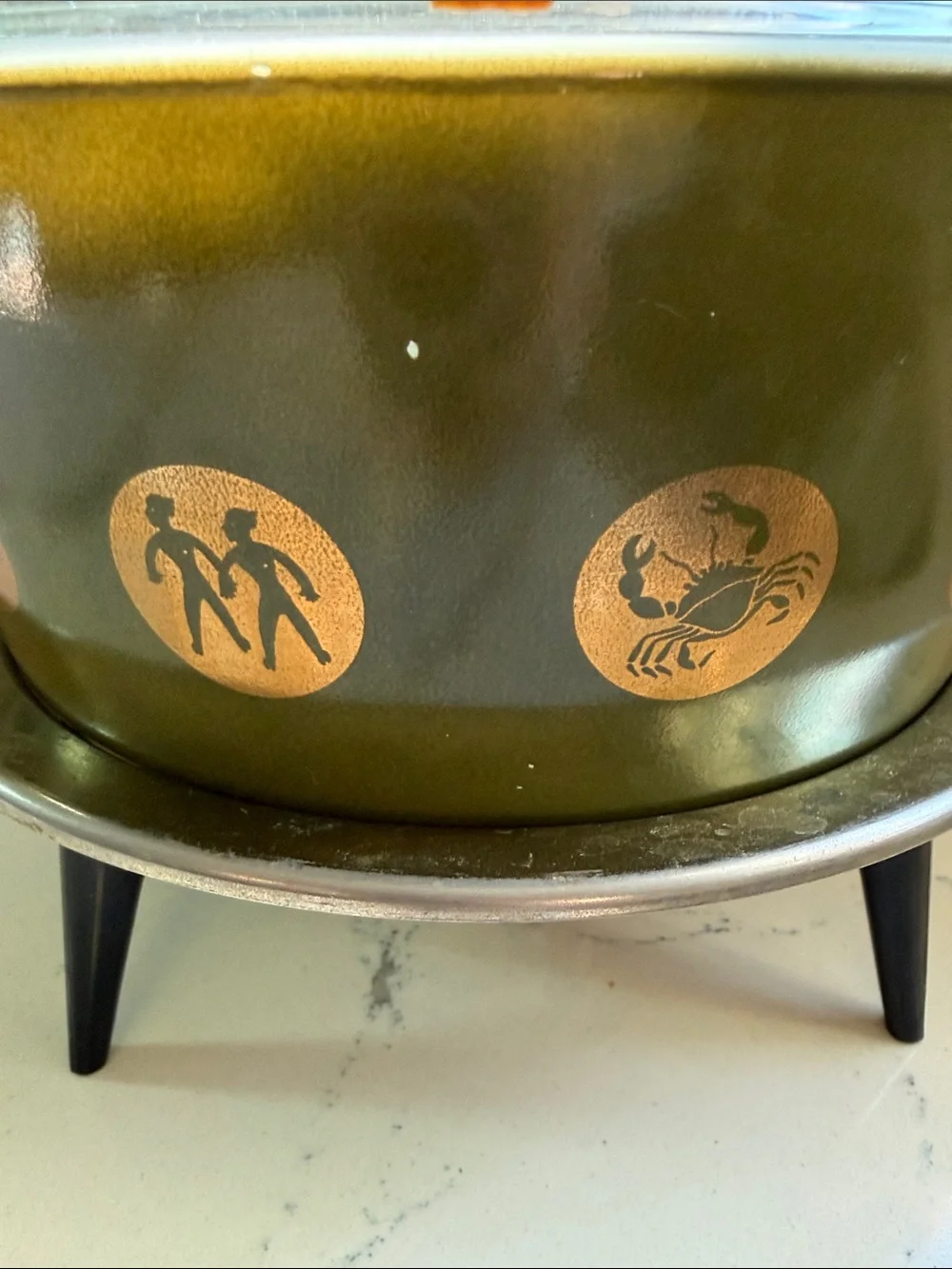 Olive Green Glass Casserole Dish with Lid - Zodiac Gold Motif Pyrex 1961